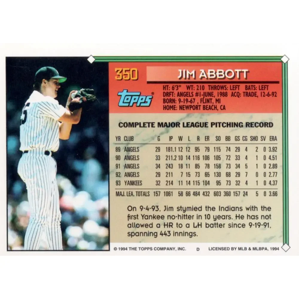 1994 Topps Jim Abbott # 350 New York Yankees
